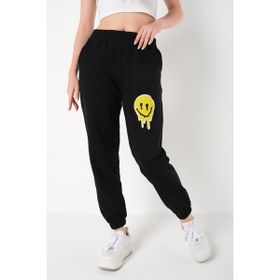 Trendseninle Smile Baskılı Siyah Yazlık Kadın Eşofman Altı