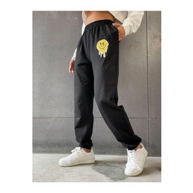 Trendseninle Smile Baskılı Siyah Yazlık Kadın Eşofman Altı