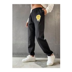 Trendseninle Smile Baskılı Siyah Yazlık Kadın Eşofman Altı