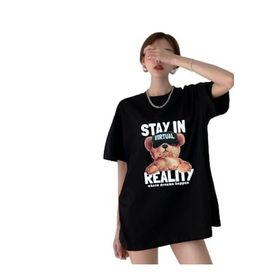 Trendseninle Stay In Baskılı Siyah Oversize Kadın T-shirt