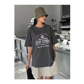Trendseninle Stay Strong Baskılı Füme Oversize Kadın T-shirt