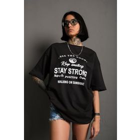Trendseninle Stay Strong Baskılı Füme Oversize Kadın T-shirt