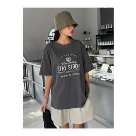 Trendseninle Stay Strong Baskılı Füme Oversize Kadın T-shirt