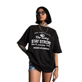 Trendseninle Stay Strong Baskılı Füme Oversize Kadın T-shirt