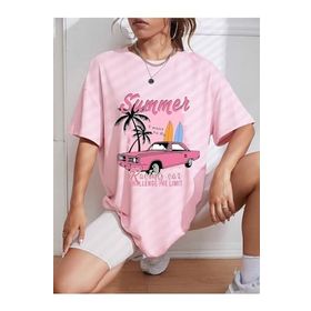 Trendseninle Summer Racing Car Baskılı Pembe Oversize Kadın T-shirt