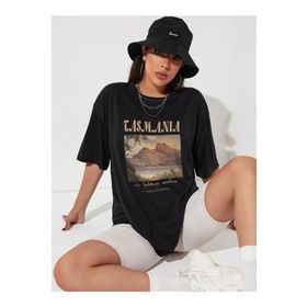 Trendseninle Tasmania Baskılı Siyah Oversize Kadın T-shirt