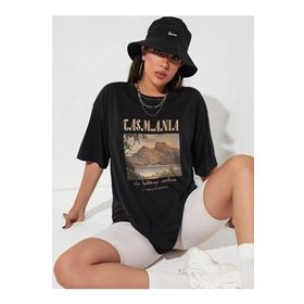 Trendseninle Tasmania Baskılı Siyah Oversize Kadın T-shirt