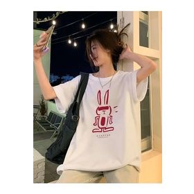 Trendseninle Tavşan Baskılı Beyaz Oversize Kadın T-shirt