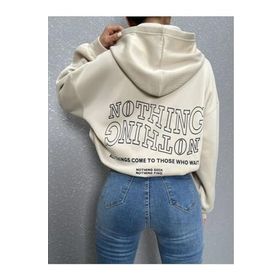 Trendseninle Ters Düz Nothing Baskılı Bej Oversize Kadın Sweatshirt