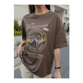 Trendseninle The Discover Baskılı Kahverengi Oversize Kadın T-shirt