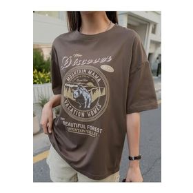 Trendseninle The Discover Baskılı Kahverengi Oversize Kadın T-shirt