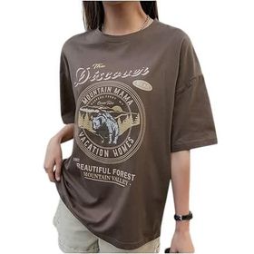 Trendseninle The Discover Baskılı Kahverengi Oversize Kadın T-shirt