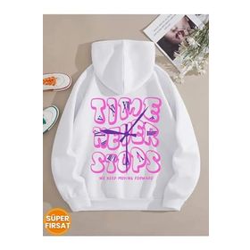 Trendseninle Time Never Baskılı Beyaz Oversize Kapüşonlu Kadın Sweatshirt
