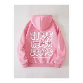 Trendseninle Time Never Baskılı Pembe Oversize Kapüşonlu Kadın Sweatshirt