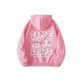 Trendseninle Time Never Baskılı Pembe Oversize Kapüşonlu Kadın Sweatshirt