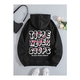 Trendseninle Time Never Baskılı Siyah Oversize Kapüşonlu Kadın Sweatshirt