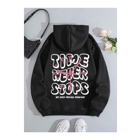 Trendseninle Time Never Baskılı Siyah Oversize Kapüşonlu Kadın Sweatshirt
