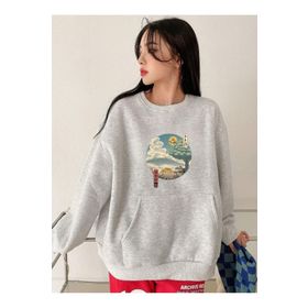 TrendSeninle Totoro Baskılı Gri Kanguru Cepli Oversize Kadın Sweatshirt