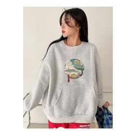 TrendSeninle Totoro Baskılı Gri Kanguru Cepli Oversize Kadın Sweatshirt