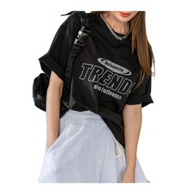 Trendseninle Trends Baskılı Siyah Oversize Kadın T-shirt