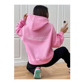 Trendseninle Urban Lifestyle Baskılı Pembe Oversize Kapüşonlu Kadın Sweatshirt