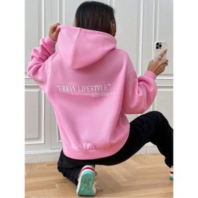 Trendseninle Urban Lifestyle Baskılı Pembe Oversize Kapüşonlu Kadın Sweatshirt