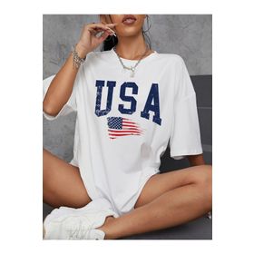 Trendseninle Usa Flag Baskılı Beyaz Oversize Kadın T-shirt