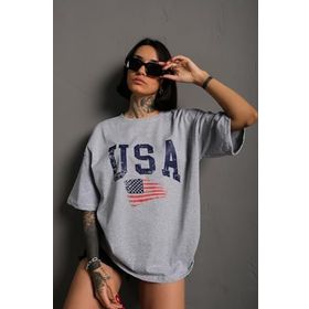 Trendseninle Usa Flag Baskılı Gri Oversize Kadın T-shirt