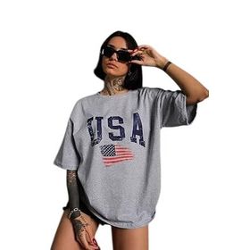 Trendseninle Usa Flag Baskılı Gri Oversize Kadın T-shirt