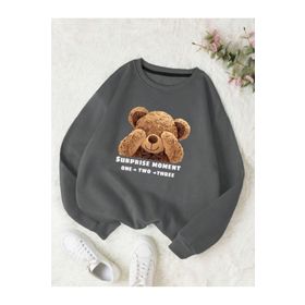 Trendseninle Utangaç Ayıcık Baskılı Füme Bisiklet Yaka Kadın Sweatshirt