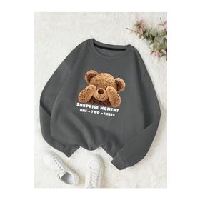 Trendseninle Utangaç Ayıcık Baskılı Füme Bisiklet Yaka Kadın Sweatshirt