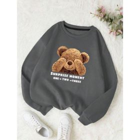 Trendseninle Utangaç Ayıcık Baskılı Füme Bisiklet Yaka Kadın Sweatshirt
