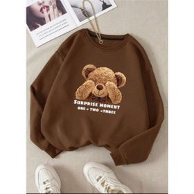 Trendseninle Utangaç Ayıcık Baskılı Kahve Bisiklet Yaka Kadın Sweatshirt