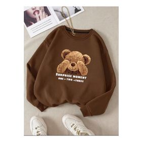 Trendseninle Utangaç Ayıcık Baskılı Kahve Bisiklet Yaka Kadın Sweatshirt