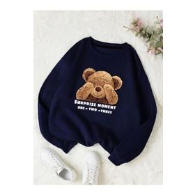 Trendseninle Utangaç Ayıcık Baskılı Laci Bisiklet Yaka Kadın Sweatshirt