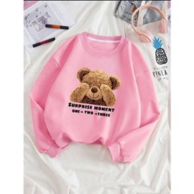 Trendseninle Utangaç Ayıcık Baskılı Pembe Bisiklet Yaka Kadın Sweatshirt