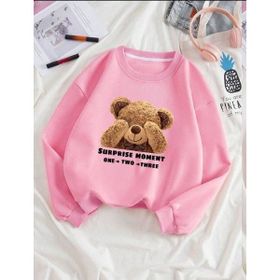 Trendseninle Utangaç Ayıcık Baskılı Pembe Bisiklet Yaka Kadın Sweatshirt