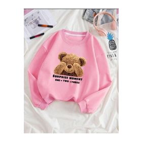 Trendseninle Utangaç Ayıcık Baskılı Pembe Bisiklet Yaka Kadın Sweatshirt