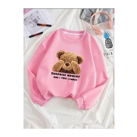 Trendseninle Utangaç Ayıcık Baskılı Pembe Bisiklet Yaka Kadın Sweatshirt