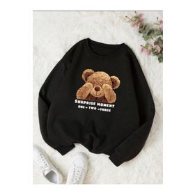 Trendseninle Utangaç Ayıcık Siyah Baskılı Bisiklet Yaka Kadın Sweatshirt