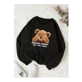 Trendseninle Utangaç Ayıcık Siyah Baskılı Bisiklet Yaka Kadın Sweatshirt