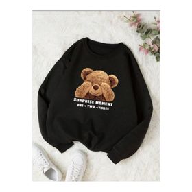 Trendseninle Utangaç Ayıcık Siyah Baskılı Bisiklet Yaka Kadın Sweatshirt