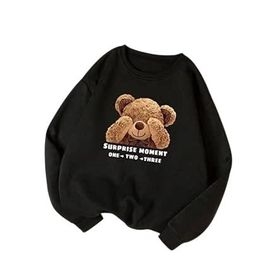Trendseninle Utangaç Ayıcık Siyah Baskılı Bisiklet Yaka Kadın Sweatshirt
