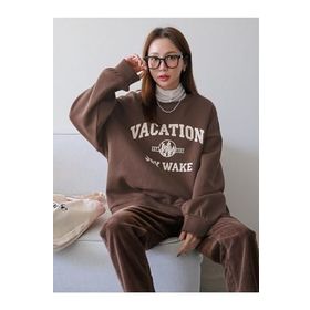 Trendseninle Vacation Joy Wake Baskılı Kahve Oversize Bisiklet Yaka Kadın Sweatshirt