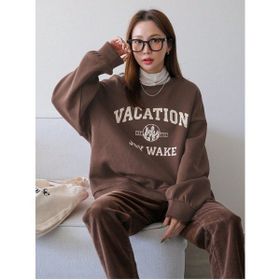 Trendseninle Vacation Joy Wake Baskılı Kahve Oversize Bisiklet Yaka Kadın Sweatshirt