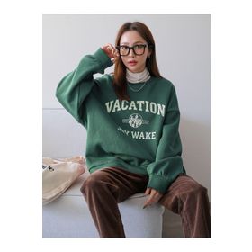 Trendseninle Vacation Joy Wake Baskılı Yeşil Oversize Bisiklet Yaka Kadın Sweatshirt