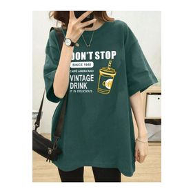 Trendseninle Vintage Drink Baskılı Nefti Yeşil Oversize Kadın T-shirt