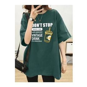 Trendseninle Vintage Drink Baskılı Nefti Yeşil Oversize Kadın T-shirt