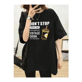Trendseninle Vintage Drink Baskılı Siyah Oversize Kadın T-shirt