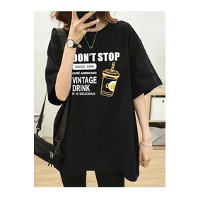 Trendseninle Vintage Drink Baskılı Siyah Oversize Kadın T-shirt